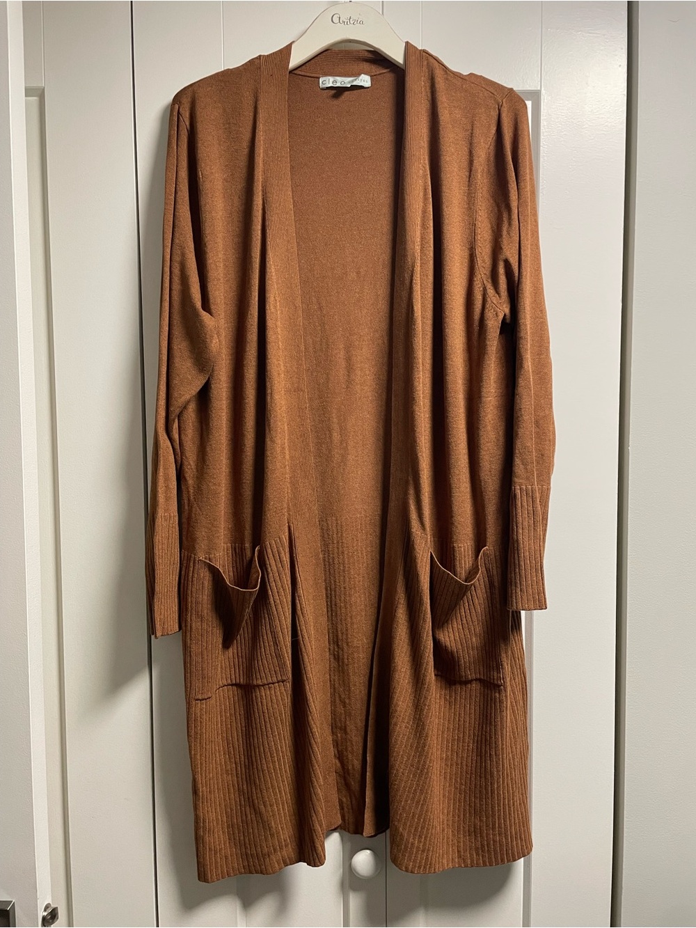 Cleo Long Brown Knit Open Cardigan Sweater Ribbed Mixed Media Size XL Longline
